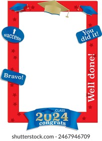 Class of 2024 graduate selfie frame in red and blue. Photobooth Design