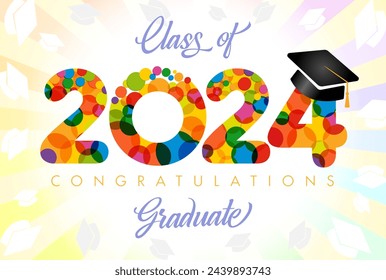 Class of 2024 graduating event cute decoration. School banner design. Colorful icon 2024 with graduation hat. Festive background. Isolated number with vector clipping mask. Class off congrats.