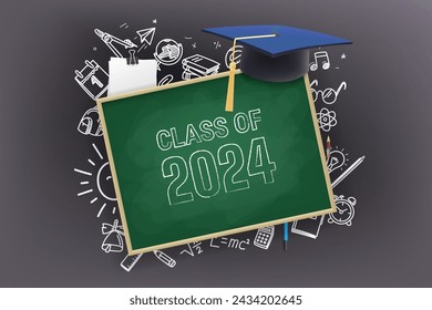 Class of 2024 graduation. Chalkboard with graduation cap. Banner with copy space