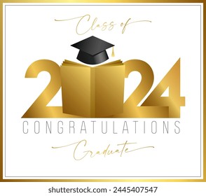 Class of 2024 graduation congrats. Golden number 20 24 with open book. 3D graphic elements. Diploma design. Wallpaper banner with cute gold frame. Congratulations graduates. Certificate template.