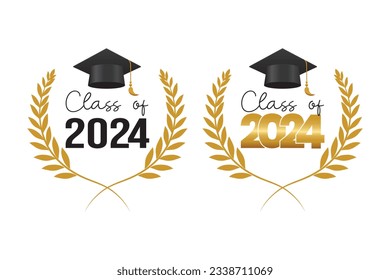 Class of 2024 graduation design template, Set graduation cap with laurel wreath in gold color