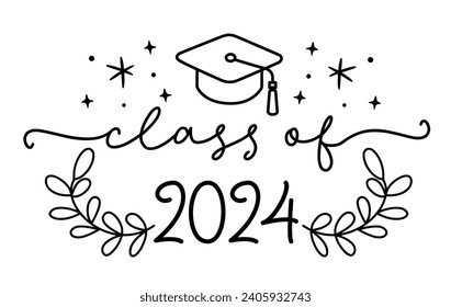 CLASS OF 2024. Graduation logo with cap and diploma for high school, college graduate. Template for graduation design, party. Hand drawn font for yearbook class of 2024. Vector illustration.