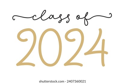 CLASS OF 2024. Graduation logo with cap and diploma for high school, college graduate. Template for graduation design, party. Hand drawn font for yearbook class of 2024. Vector illustration.
