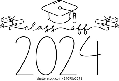 CLASS OF 2024. Graduation logo with cap and diploma for high school, college graduate. Template for graduation design, party. Hand drawn font for yearbook class of 2024. Vector illustration.
