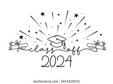 Class of 2024. Graduation logo with cap and diploma for high school, college graduate. Template for graduation design, party. Hand drawn logo for yearbook class of 2024. Vector grad illustration.