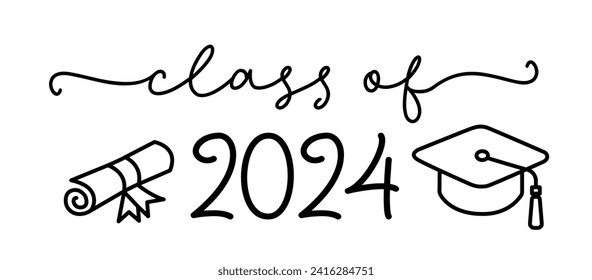 Class of 2024. Graduation logo with cap and diploma for high school, college graduate. Template for graduation design, party. Hand drawn logo for yearbook class of 2024. Vector grad illustration.