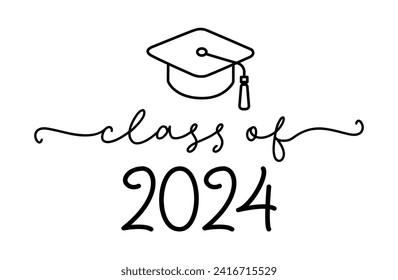 Class of 2024. Graduation logo with cap and diploma for high school, college graduate. Template for graduation design, party. Hand drawn logo for yearbook class of 2024. Vector grad illustration.