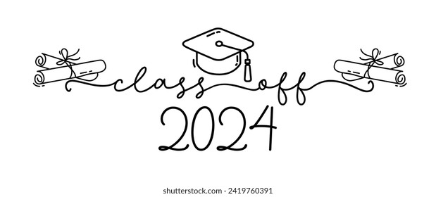 Class of 2024. Graduation logo with cap and diploma for high school, college graduate. Template for graduation design, party. Hand drawn logo for yearbook class of 2024. Vector grad illustration.