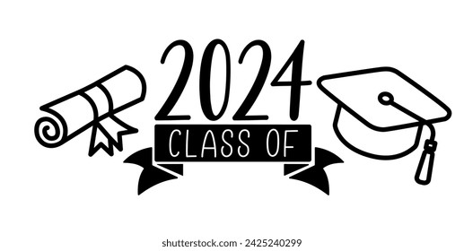 CLASS OF 2024. Graduation logo for high school, college graduate. Template for graduation design, party. Hand drawn font for yearbook class of 2024. Vector illustration.