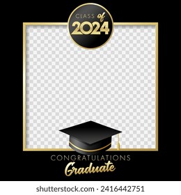 Class of 2024 Graduation party photo frame for booth. 2024 congratulation graduate design with text and academic hat. Vector illustration