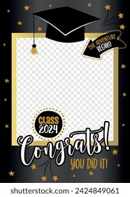 Class of 2024 - Graduation party photo booth prop. Photo frame for graduation with cap and confetti. Congratulations graduates concept with black and gold lettering. 