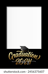 Class of 2024, Graduation photo frame format A4. Congrats Graduates, concept design for web stories or booth with black academic hat. Vector illustration