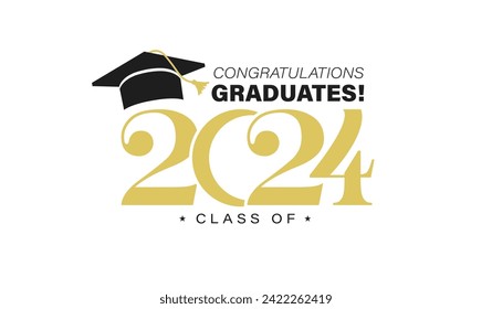 Class of 2024 graduation typography template. Congratulations graduates celebration design for college, high school, university. Tassel and cap vector illustration. Educational milestone graphic art.