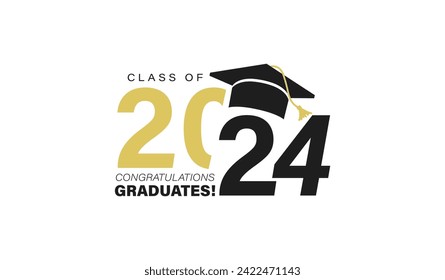 Klasse der Graduierung Typografie-Vorlage 2024. Herzlichen Glückwunsch Absolventen feiern Design für College, High School, Universität. Tassel und Mütze, Vektorgrafik. Pädagogische Meilenstein-Grafik.