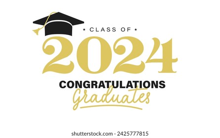 Class of 2024 graduation typography template. Congratulations graduates celebration design for college, high school, university. Tassel and cap vector illustration. Educational milestone graphic art.