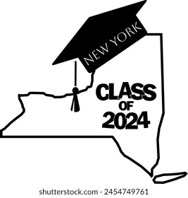 Class of 2024 graduation vector design New York state silhouette.