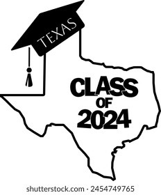 Class of 2024 graduation vector design Texas state silhouette.