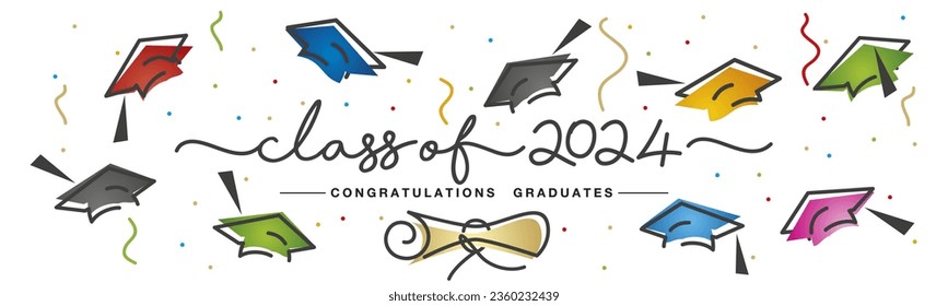 Class of 2024 handwritten typography lettering text. Hand drawn design with diploma colorful confetti and flying graduates caps Congratulations graduates. Golden and black line design white background