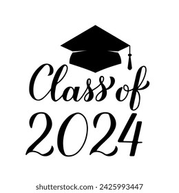 Clase de letras 2024 con tapa de graduación aislada en blanco. Felicitaciones a los graduados tipografía póster.  Plantilla de vector para tarjeta de felicitación, banner, etiqueta, etiqueta, camiseta, etc.