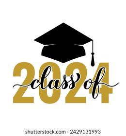 Class of 2024 lettering with graduation cap isolated on white. Congratulations to graduates typography poster.  Vector template for greeting card, sticker, banner, label, shirt, etc