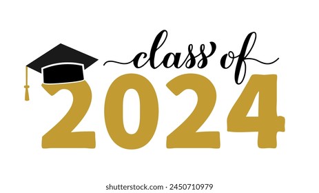 Class of 2024 lettering with graduation hat isolated on white. Congratulations to graduates typography poster.  Vector template for greeting card, sticker, banner, label, shirt, etc.