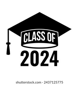 Class of 2024 lettering on graduation cap. Congratulations to graduates typography poster.  Vector template for greeting card, banner, label, sticker, invitation, etc.