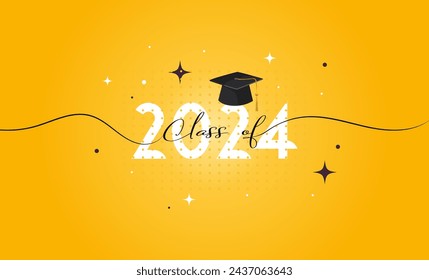 Class of 2024 lettering script and glitter of stars. Congratulations graduates 2024 banner template sticker card with academic hat