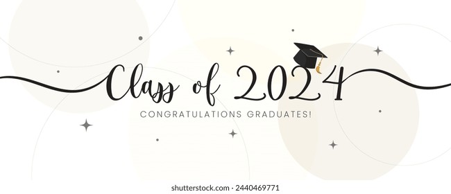 Class of 2024 minimalist design template. Congratulations graduates 2024 banner  with academic hat for high school or college graduation