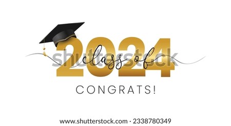 Class of 2024, modern word lettering script banner. Congrats Graduation lettering with academic cap. Template for design party high school or college, graduate invitations.