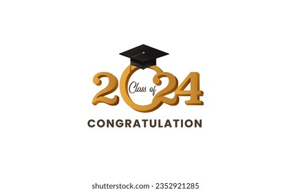 class of 2024 with mortarboard hat with gold text for graduation education collage