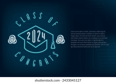 Class of 2024 Neon Sign Style Square Academic Graduation Cap Combined with Single Line Numerals Logo Lettering - Turquoise on Dark Background - Vector Gradient Graphic Design