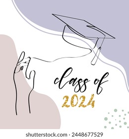 Class of 2024. One line art with student tossing up his graduation cap. Trendy one line draw design graphic vector illustration.