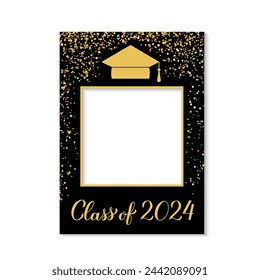 Class of 2024 photo booth frame graduation cap isolated on white. Graduation party photobooth props. Grad celebration selfie frame.  Vector template