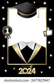 Class of 2024 photo frame with black adult Graduation robe and academic cap. Graduate party booth design with bachelor's degrees, Senior 2024. Vector illustration