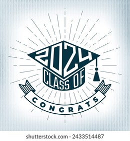 Class of 2024 Polygonal Numerals Logo Combined with Square Academic Graduation Cap Shape Sign and Congrats Lettering - Blue and Gold on White Background - Vector Contrast Graphic Design