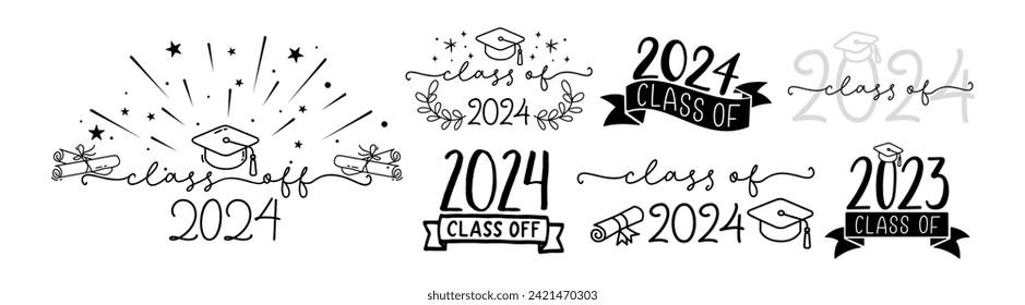 CLASS OF 2024 set of graduation logo with cap and diploma for high school, college graduate. Template for graduation design, party. Hand drawn font for yearbook class of 2024. Vector illustration.