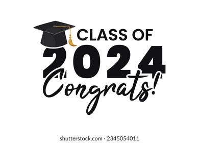 Class of 2024 Sticker. word lettering script banner. Congrats Graduation lettering with academic cap. Template for design party high school or college, graduate invitations. svg