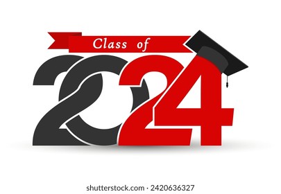 Class 2024. Stylized inscription with the year and the graduate's cap. Vector illustration for graduation themed design, simple style.