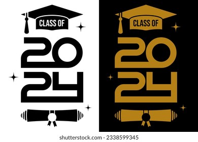 Clase de diseño de camisetas de 2024. Clase de 2024, cartel de guión de letras de palabras. Graduación con gorra académica. Plantilla para la escuela secundaria o la universidad de diseño, invitaciones para graduados.