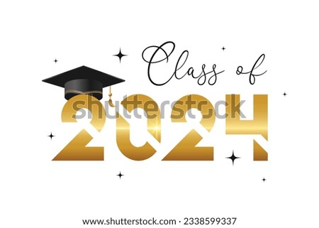 Class of 2024 t shirt design. Class of 2024, word lettering script banner. Congrats Graduation lettering with academic cap. Template for design party high school or college, graduate invitations.