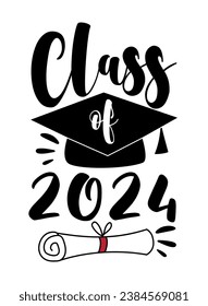 Clase de 2024 - tipografía con título de graduado y certificado o diploma. Diseño vectorial dibujado a mano.