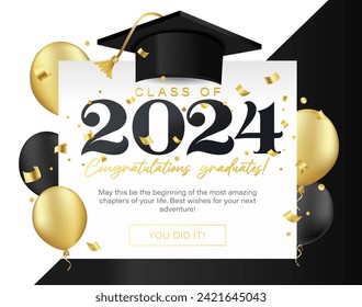 Class of 2024 Vector Illustration. Congratulations Graduates template for banner, invitation, greeting card. Graduation ceremony elegant design with Graduation Cap. Gold, black and white colors.