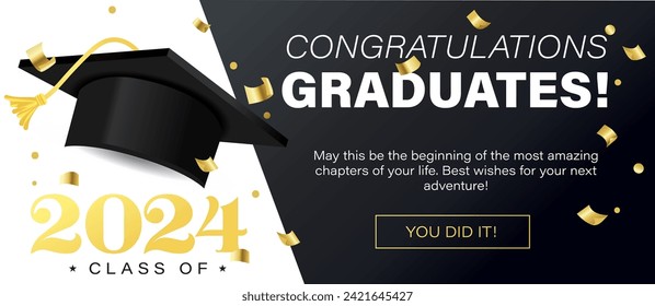 Class of 2024 Vector Illustration. Congratulations Graduates template for banner, invitation, greeting card. Graduation ceremony elegant design with Graduation Cap. Gold, black and white colors.