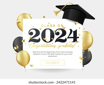 Class of 2024 Vector Illustration. Congratulations Graduates template for banner, invitation, greeting card. Graduation ceremony elegant design with Graduation Cap. Gold, black and white colors.