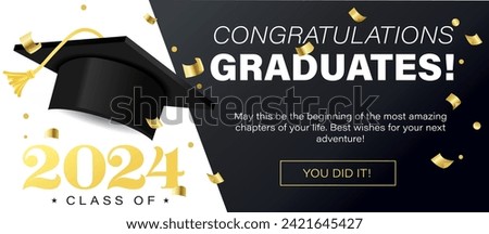 Class of 2024 Vector Illustration. Congratulations Graduates template for banner, invitation, greeting card. Graduation ceremony elegant design with Graduation Cap. Gold, black and white colors.