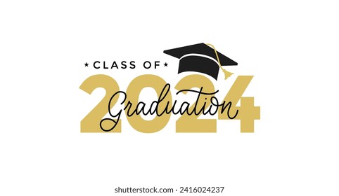 Class of 2024 Vector Illustration for Graduation. Congratulations Graduates Typography greeting card with Graduation Cap.