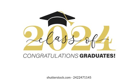 Class of 2024 Vector Illustration for Graduation. Congratulations Graduates Typography greeting card with Graduation Cap.