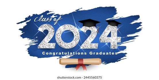 Clase de texto de Vector 2024 para el diseño plateado de la graduación, evento de felicitación, camiseta, fiesta, graduado de la escuela secundaria o universitario. Letras para saludo, tarjeta de invitación