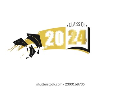 Class of 2024. White and black number, education academic cap and open book. Template for graduation design frame, high school, college congratulation graduate, yearbook. Vector illustration.