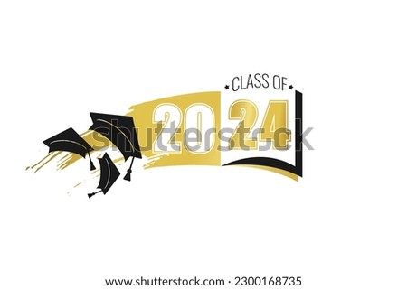 Class of 2024. White and black number, education academic cap and open book. Template for graduation design frame, high school, college congratulation graduate, yearbook. Vector illustration.